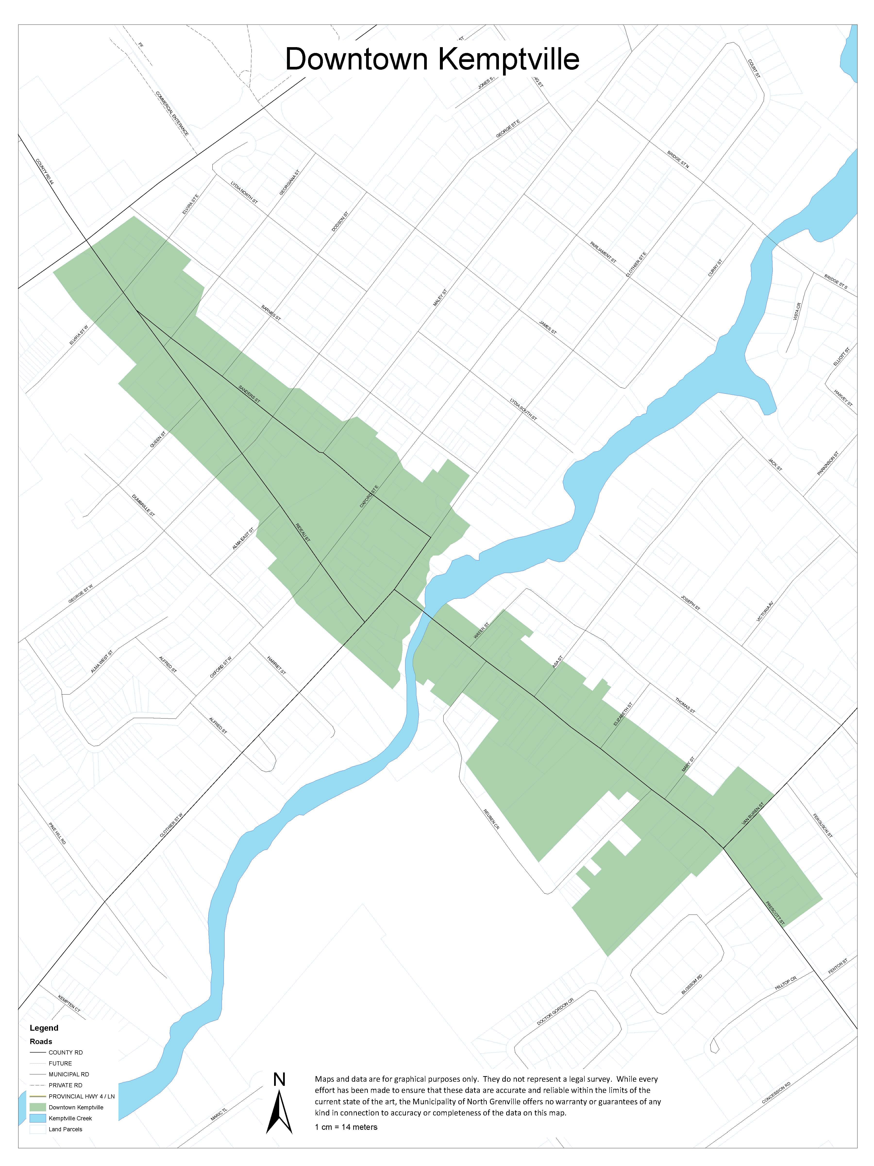 map showing downtown area of Kemptville