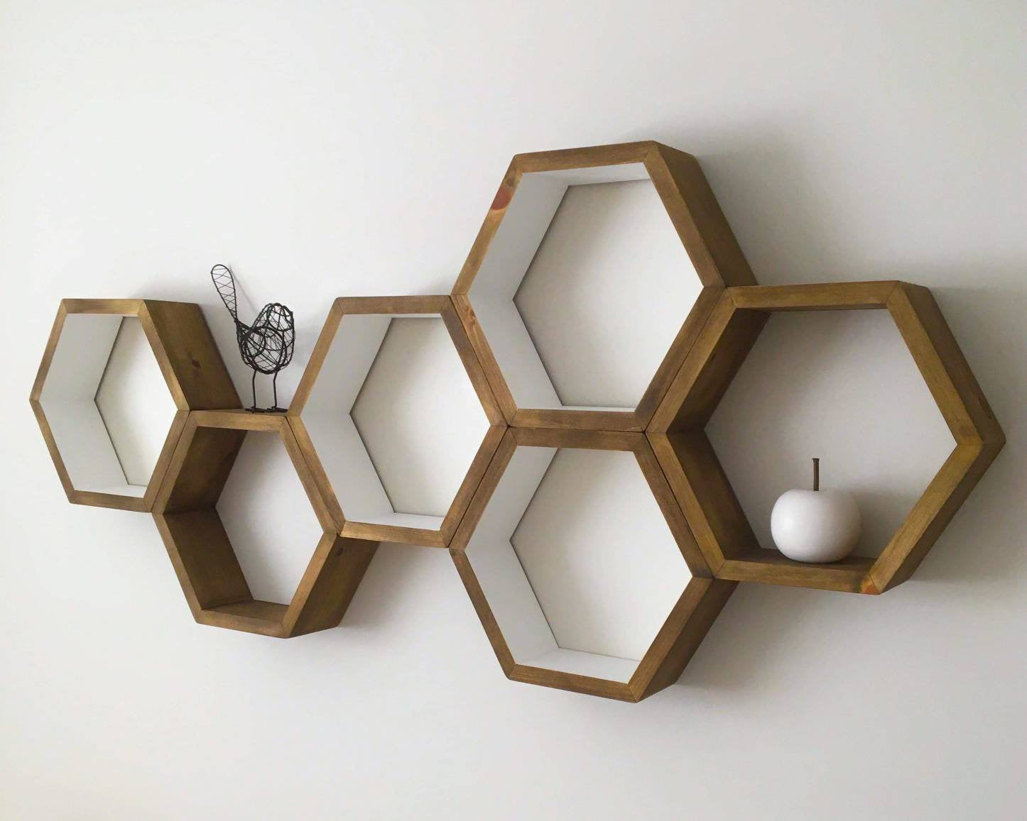 Hexagon Shelving in natural wood hung on wall