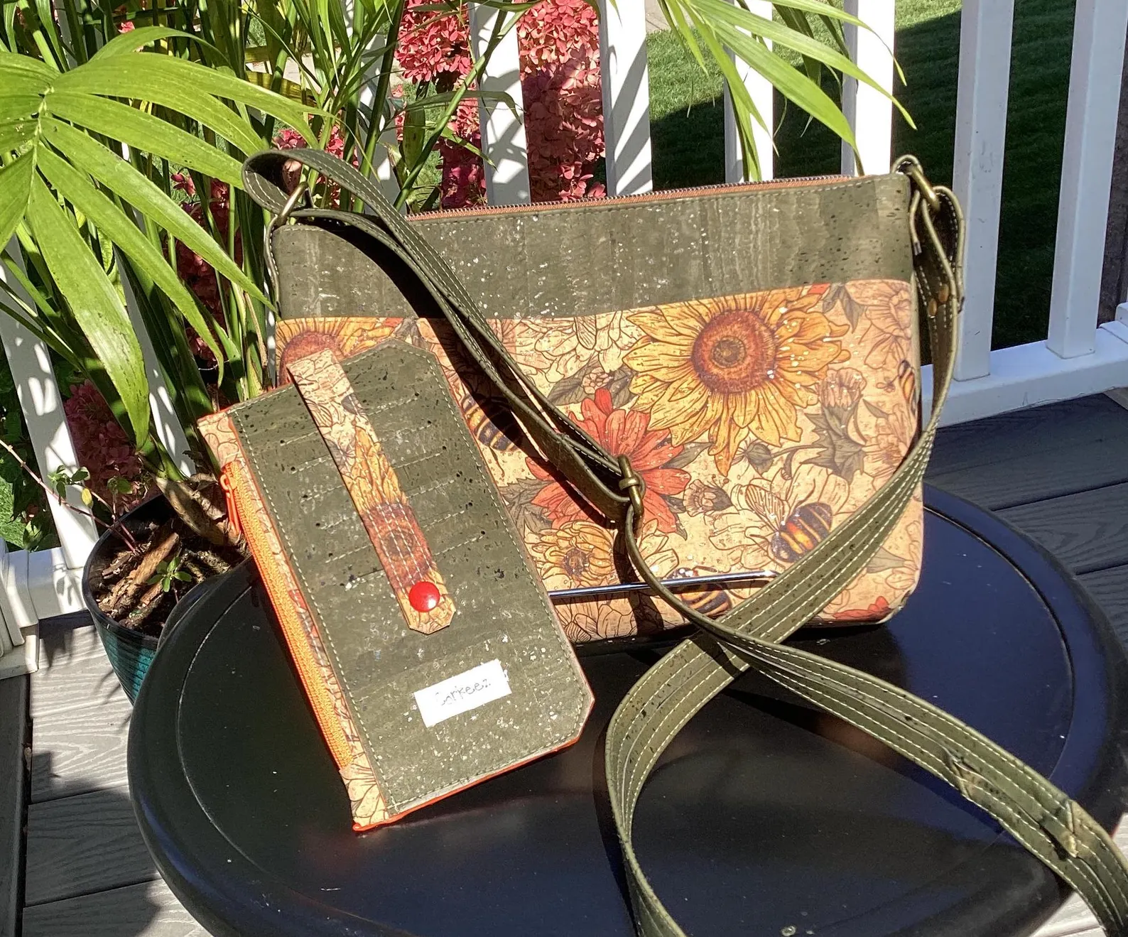 cork purse and wallet with printed sunflower design