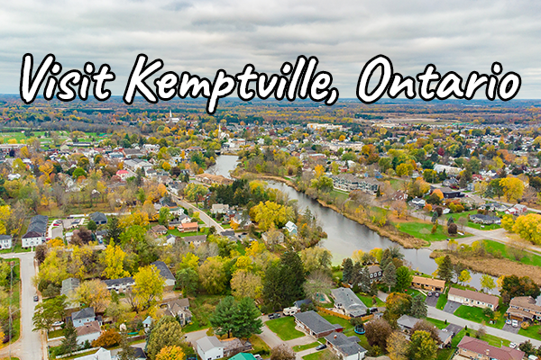 drone shot of Kemptville, Ontario, with overlay text "Visit Kemptville, Ontario""